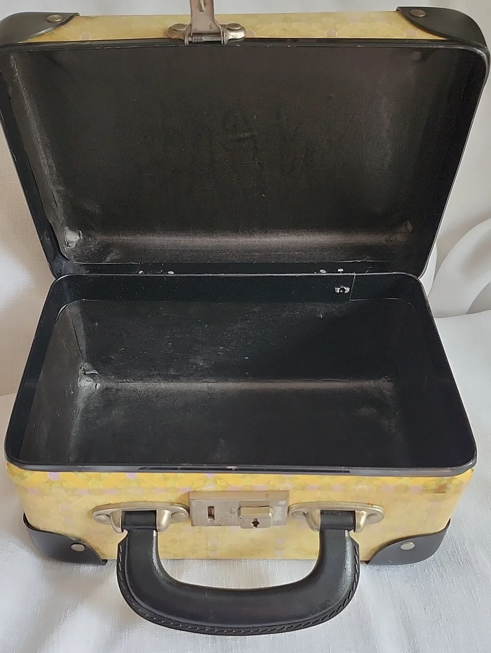 Vintage 1950's Yellow Fabric Black Leather Trim Hard Case Cosmetic Bag , $40